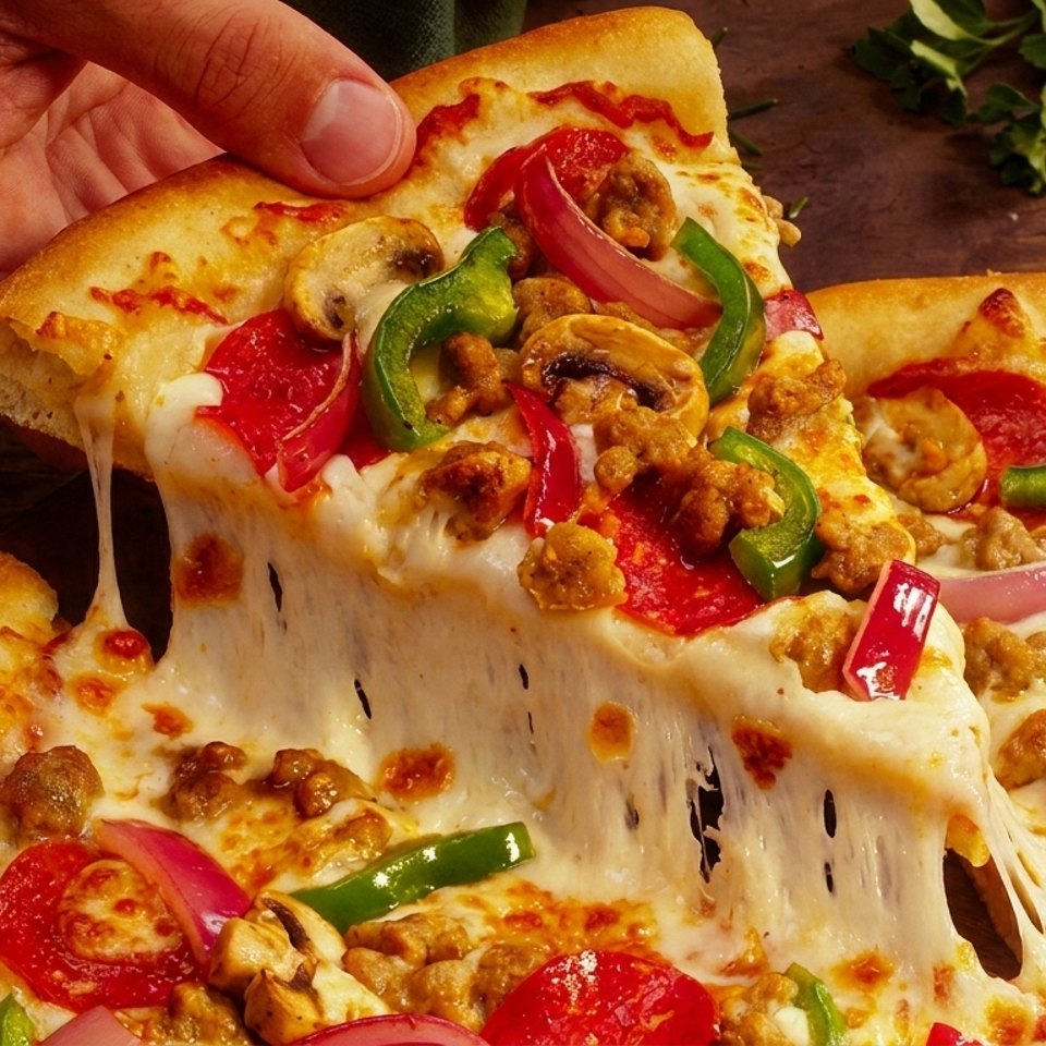 Hand lifts a cheesy pizza slice topped with peppers, mushrooms, tomatoes, red onion, and seasoned chicken over a wooden table.