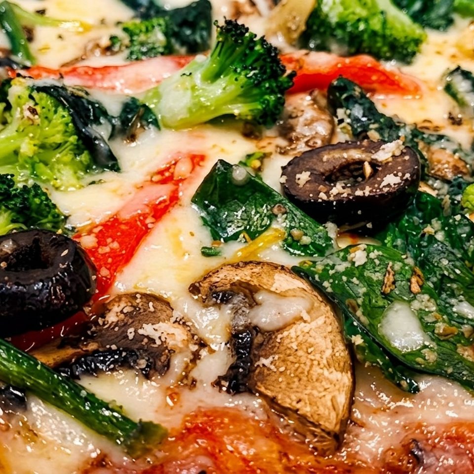 Close-up of a cheesy vegetable pizza topped with broccoli, mushrooms, olives, spinach, peppers, and tomatoes.