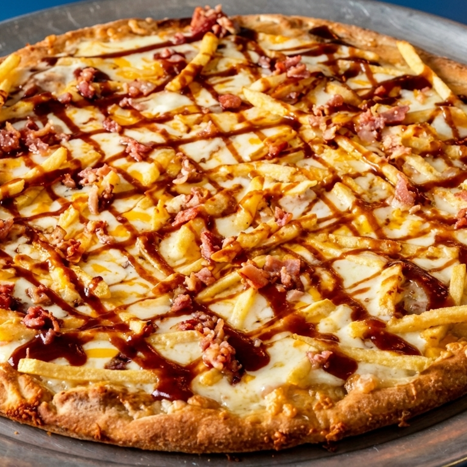Cheesy pizza topped with French fries, bacon, and barbecue sauce on a metal serving tray.