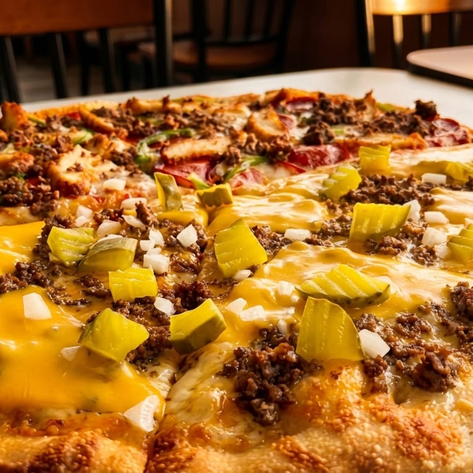 Close-up of a large loaded pizza topped with ground beef, melted cheese, pickles, onions, peppers, and pepperoni on a restaurant table.