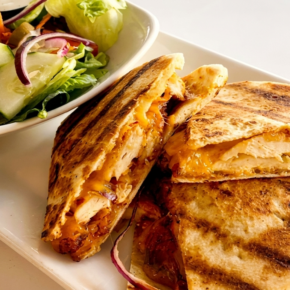 Grilled chicken quesadillas with melted cheese and vegetables served alongside a fresh garden salad.