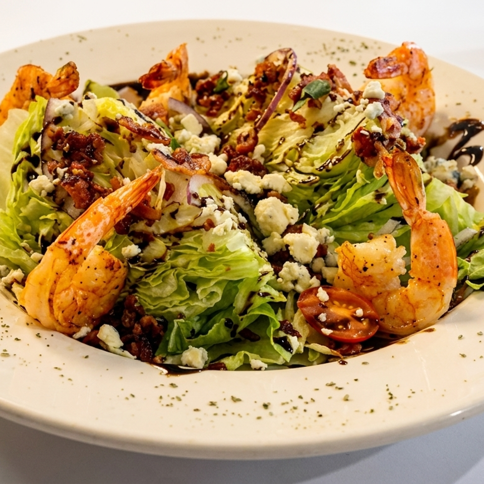 Grilled shrimp salad with crisp lettuce, bacon, blue cheese, tomatoes, onions, and balsamic drizzle on a white plate.